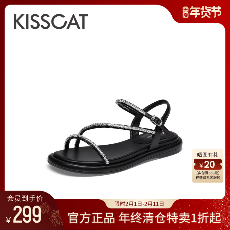 KISSCAT接吻猫夏季新款法式一字带时装凉鞋平底休闲鞋罗马凉鞋