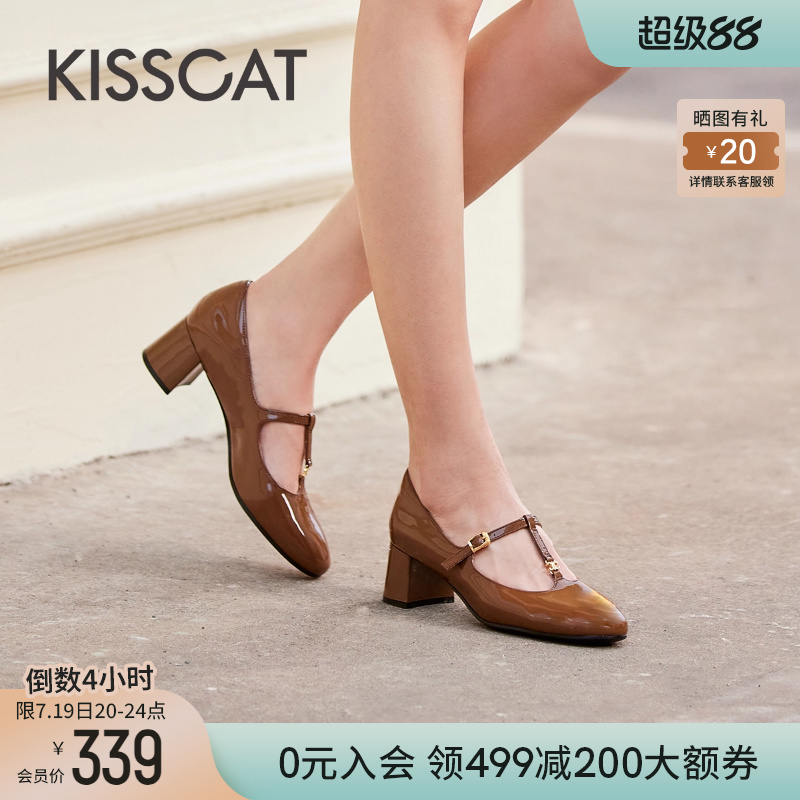 接吻猫粗跟复古蔷薇玛丽珍鞋