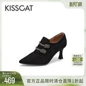 踝靴女 高级新中式 KISSCAT接吻猫新款 气质尖头深口单鞋