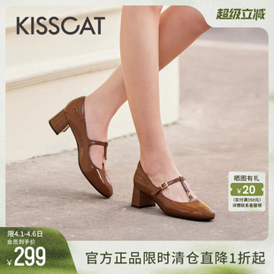 新款 接吻猫秋季 蔷薇玛丽珍 女 T字带高跟鞋 复古粗跟单鞋 法式