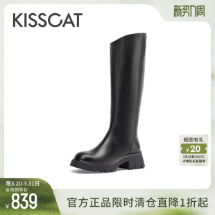 KISSCAT接吻猫秋季 真皮增高长筒骑士靴女黑色厚底增高瘦瘦靴 新款
