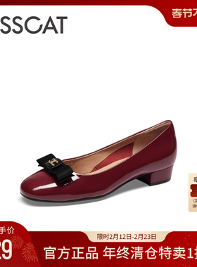 KISSCAT接吻猫新款蝴蝶结圆头真皮鞋粗跟法式舒适单鞋女