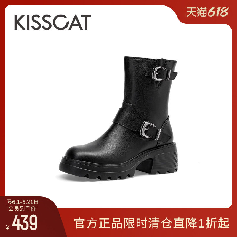 KISSCAT接吻猫冬季真皮加绒机车靴女复古西部牛仔靴女厚底中筒靴