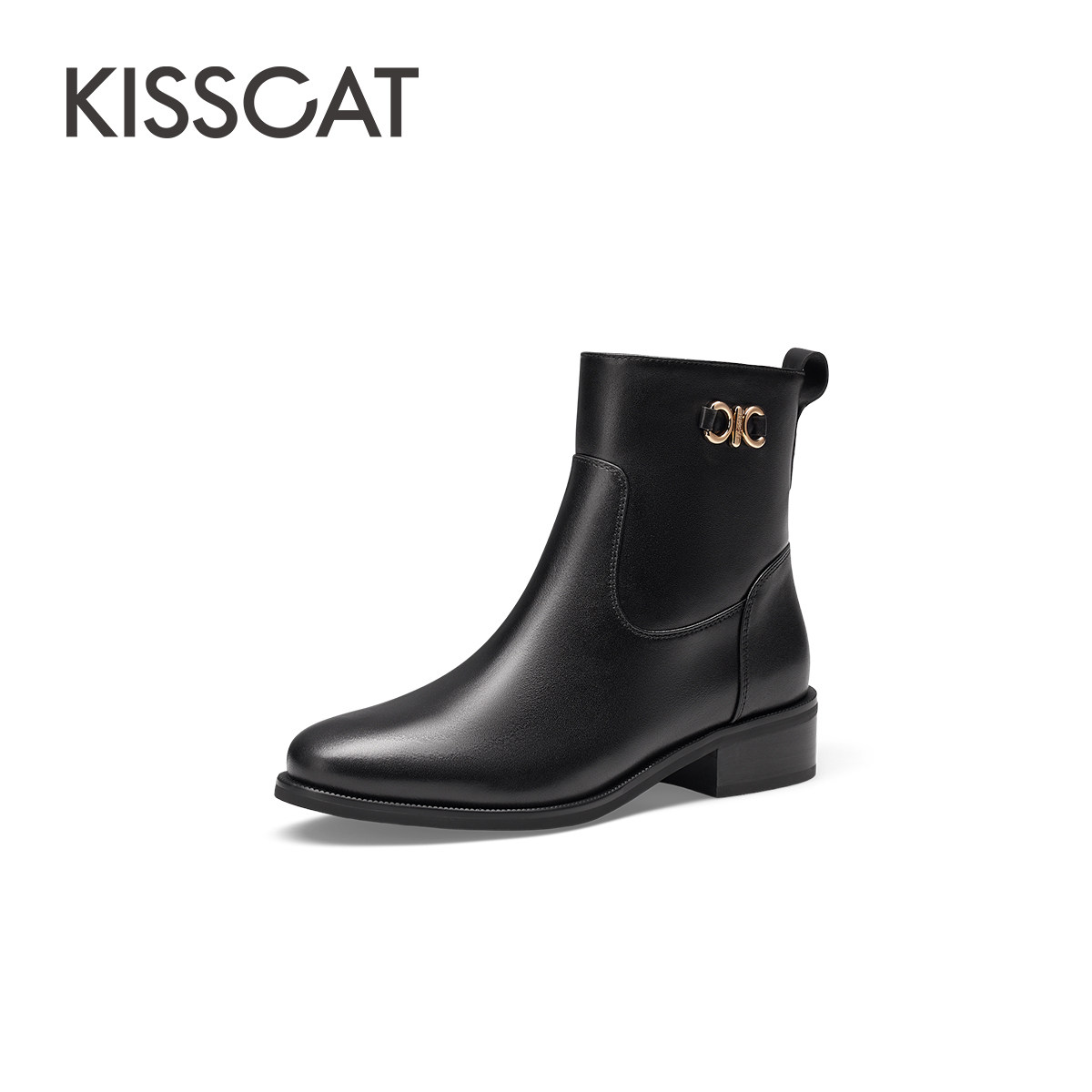 【柳哥】KISSCAT接吻猫秋季鎏金饰扣通勤气质时尚短靴女真皮低