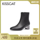 KISSCAT接吻猫冬季 靴女 真皮黑色高跟短靴女士尖头粗跟高级时装