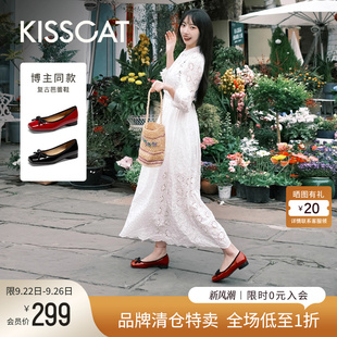 女外穿 真皮方头红色芭蕾舞鞋 KISSCAT接吻猫复古单鞋 蝴蝶结平底鞋