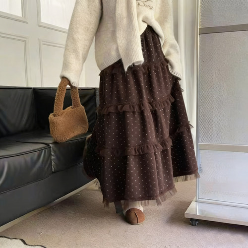 韩国2025冬装新款法式温柔风波点蛋糕半身裙女高腰A字蛋糕长裙