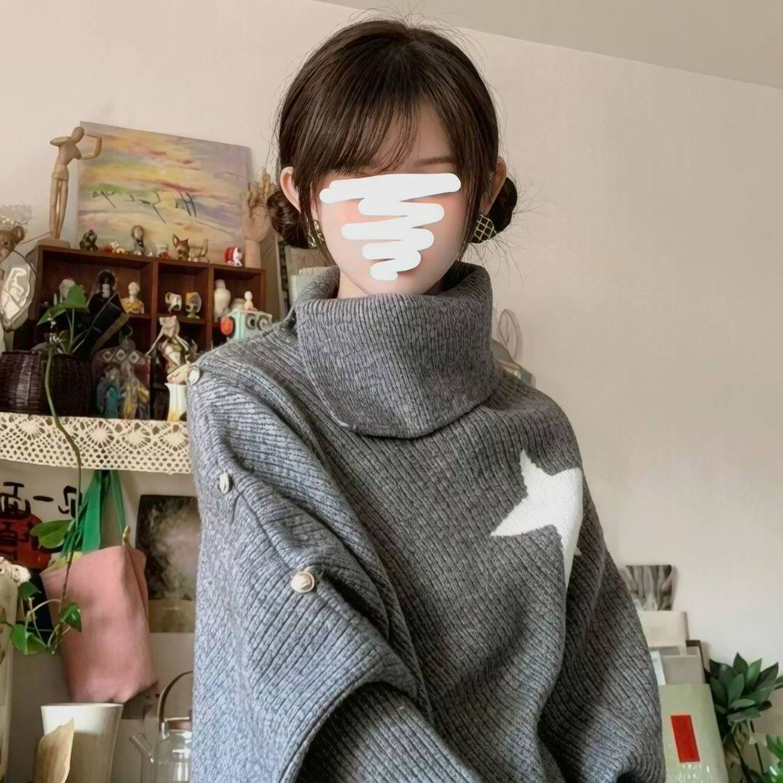 韩系不规则设计感宽松小众灰色斗篷高领星星毛衣披风针织衫女春秋