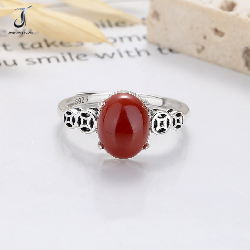 JHEPAN925银复古钱币蛋面南红玛瑙做旧款宫廷风潮流小众开口戒指