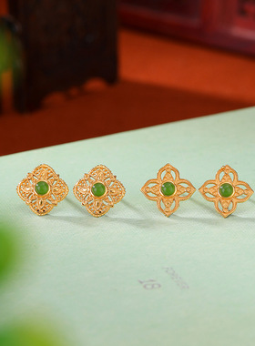 JHEPAN s925纯银镀金和田玉碧玉复古四叶草镂空菱形耳钉方形银耳