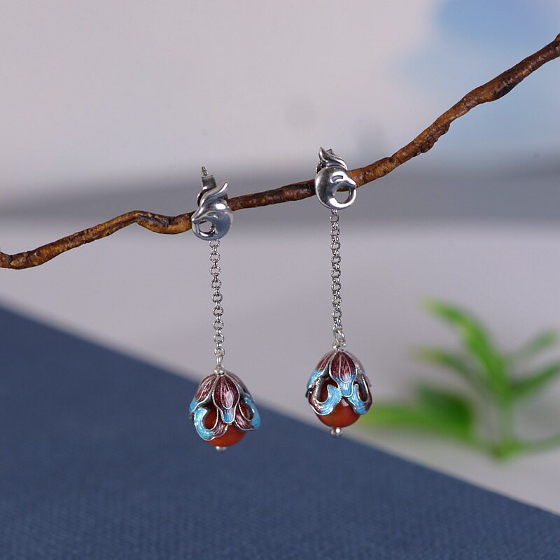 德琳居 s925银烧蓝工艺耳饰银镶南红玛瑙凤凰牡丹古典棉麻配饰