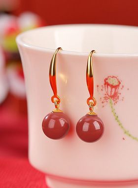 JHEPANs925纯银镀金帝王砂轻奢简约圆珠耳钩复古气质百搭耳坠耳饰