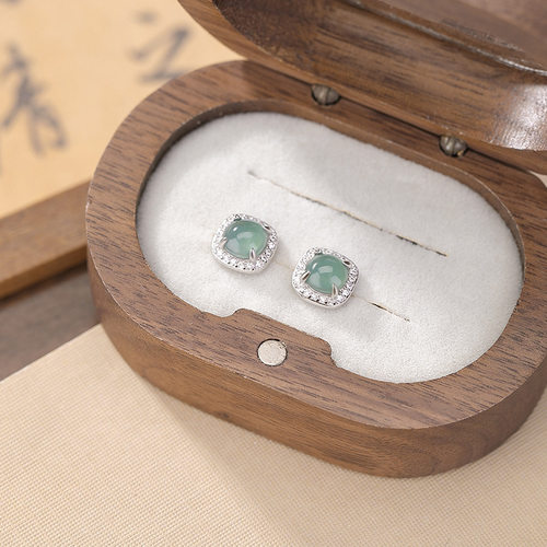 s925纯银蓝水翡翠复古简约几何圆珠方形耳钉气质菱形银耳饰