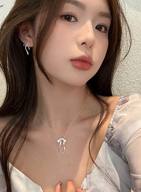 JHEPAN 925纯银蝴蝶结项链女简约甜美名媛风飘带气质锁骨链亮银色