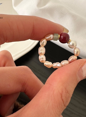 JHEPAN 925纯银天然紫色珍珠戒指女手工弹力绳款设计甜美串珠指环