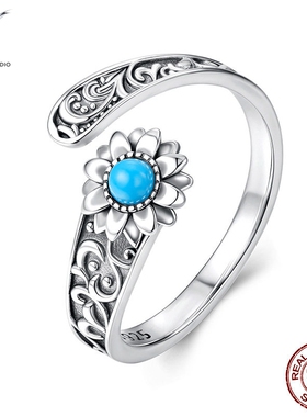 原创复古向日葵绿松石开口戒指 法式古典雕花s925纯银戒指