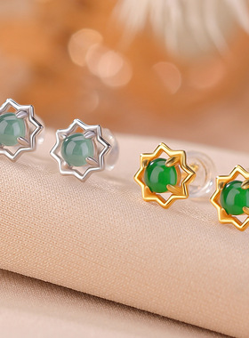 JHEPAN s925纯银镀金翡翠复古轻奢个性星星圆珠耳钉气质镂空银耳