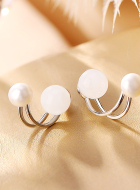 JHEPANs925纯银和田玉白玉珍珠圆珠耳钉高级感饰品简约ins女耳饰