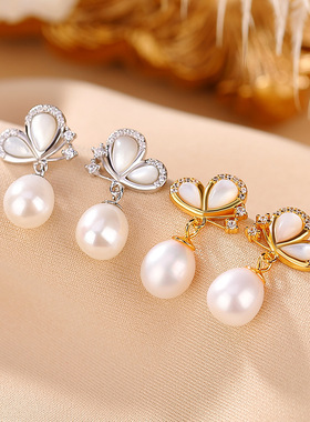 JHEPANs925纯银镀金珍珠蝴蝶耳坠中古款时尚ol风百搭精致创意耳饰