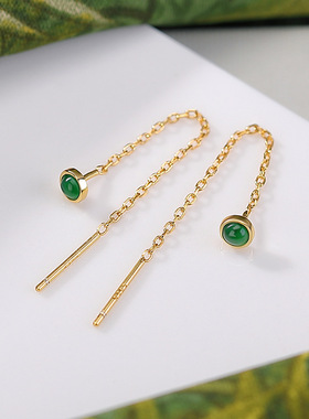 JHEPANs925纯银镀金危料绿翡翠耳线简约款百搭几何圆形气质银耳饰