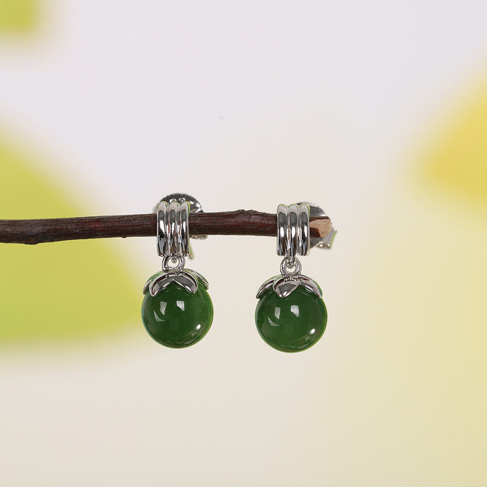 德琳居 简约小清新耳饰s925银饰品女式和田碧玉耳钉耳坠耳环