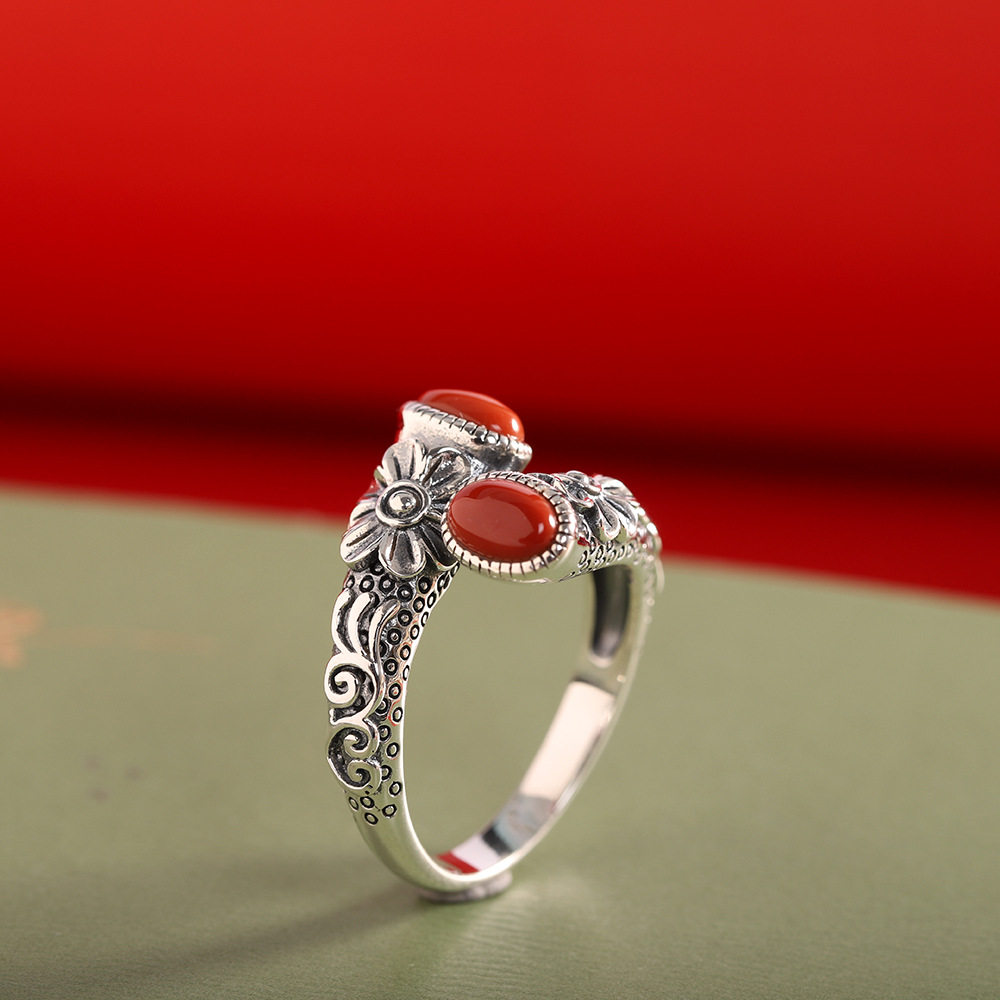 德琳居 s925银镶南红玛瑙戒指活口女士交错指环泰银复古做旧手饰