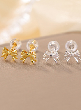 JHEPAN s925纯银镀金时尚小巧蝴蝶结耳钉简约韩版时尚通勤小众