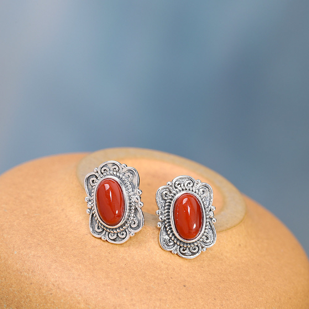 德琳居 s925银做旧南红玛瑙耳钉复古尼泊尔风格女式耳钉