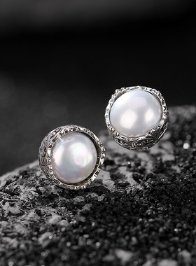 JHEPAN s925纯银珍珠复古做旧花苞银耳钉法式优雅个性ins潮流耳饰