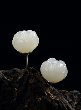 JHEPANs925纯银天然和田玉耳钉莲花莲蓬耳钉高档百搭气质女耳饰品