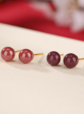 JHEPAN s925纯银镀金紫金砂帝王砂简约圆珠耳钉复古气质百搭银耳