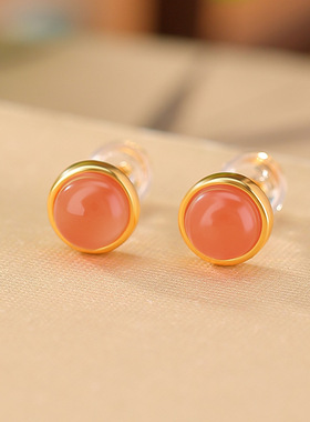 JHEPANS925纯镀金水红南红复古简约几何蛋面耳钉樱桃红显白耳饰