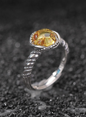 花珀s925纯银复古扭纹圆珠潮流个性设计感戒指