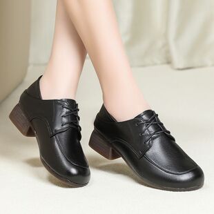 黑色小皮鞋女系带深口女单鞋中跟防滑工作鞋大码软牛皮软底女单鞋