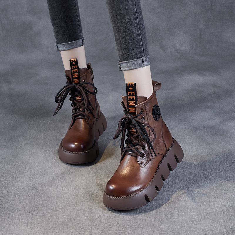 厚底短靴女2025秋冬新款真皮圆头系带侧拉链休闲松糕靴子女马丁靴,女鞋,切尔西靴,淘宝优惠券,粉丝福利购,淘宝优惠卷