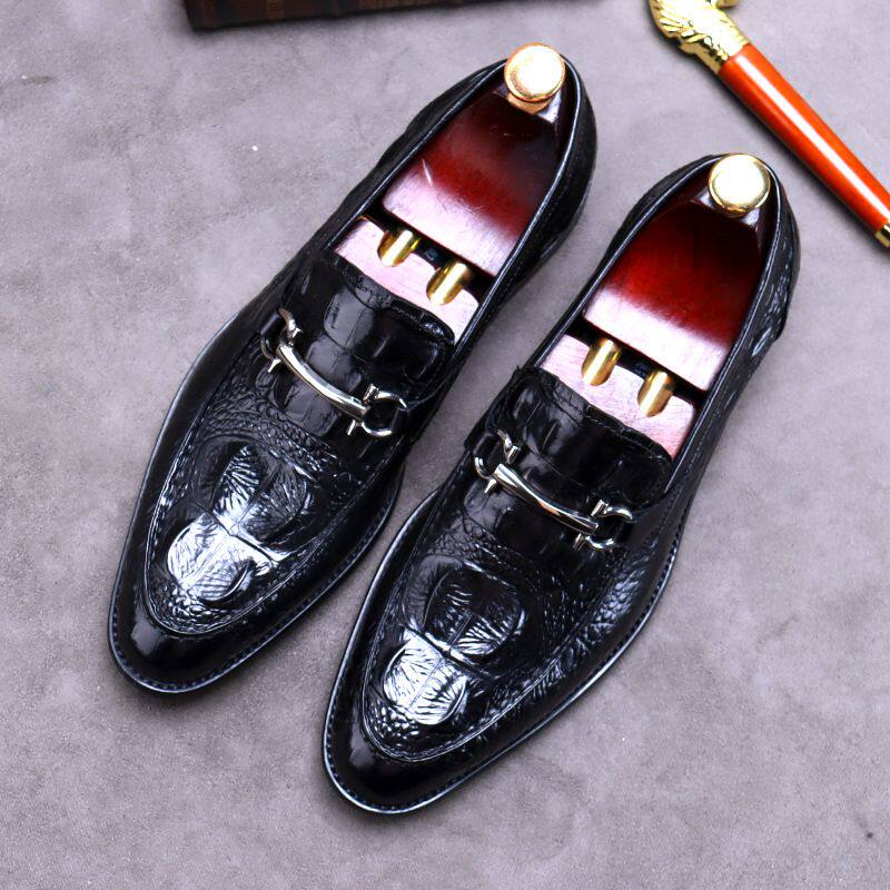 新鳄鱼纹男式商务金属皮鞋真皮新款新款牛皮男鞋套脚一脚蹬休闲