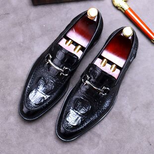 牛皮男鞋 新鳄鱼纹男式 新款 真皮新款 套脚一脚蹬休闲 商务金属皮鞋