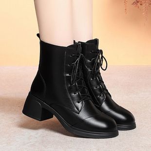 黑色女鞋加绒软皮女粗跟厚度工作鞋短靴女靴子切尔马丁靴皮鞋秋冬