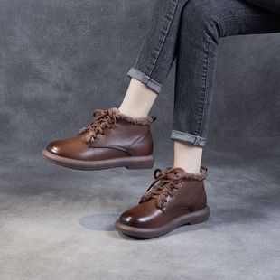 头层牛皮雪地靴女2025年冬季 复古加绒系带马丁靴短靴棉皮靴子 新款