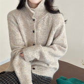 KANING复古慵懒风花线高领针织开衫 2025秋冬新款 宽松软糯毛衣外套