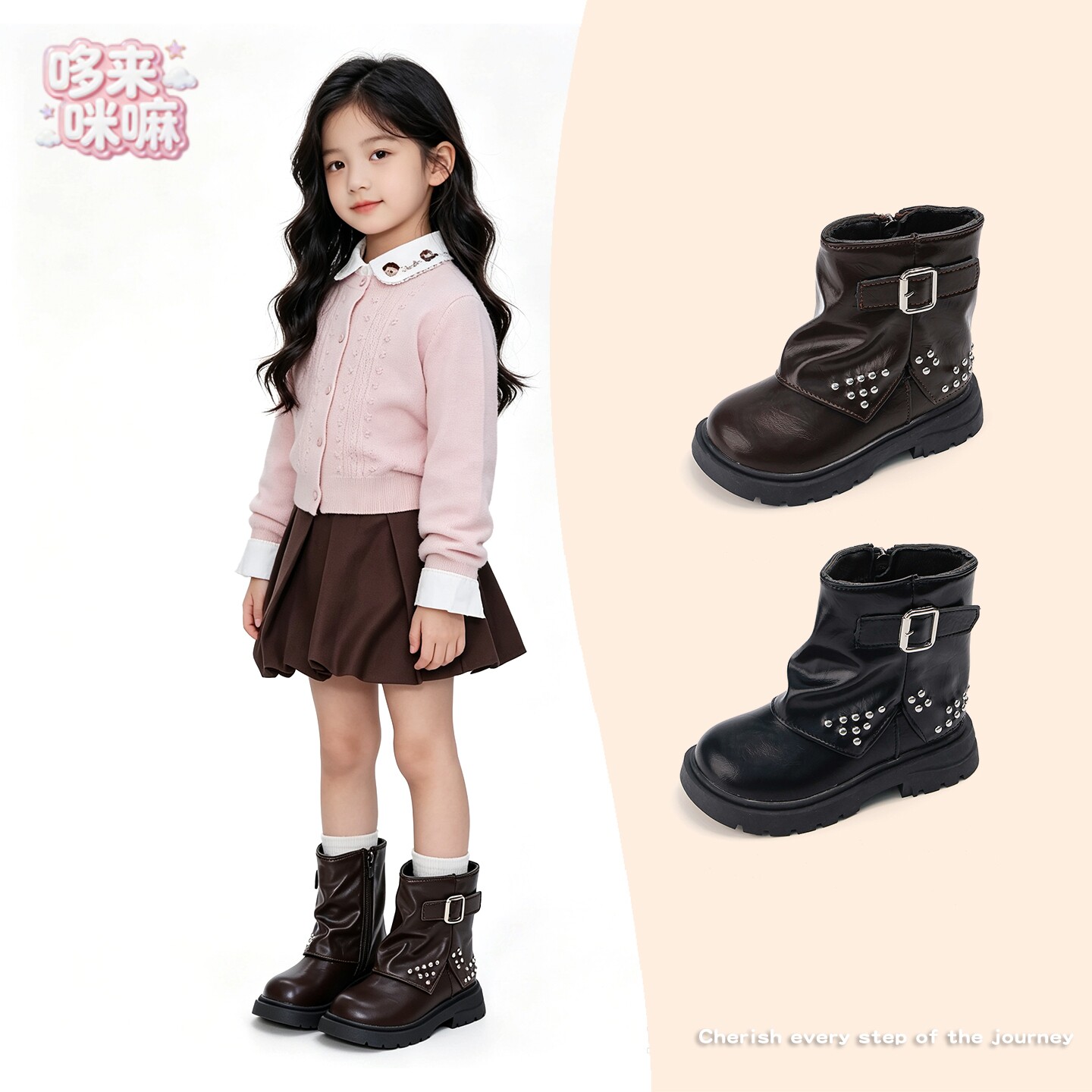 女童皮靴儿童中筒骑士靴复古短靴