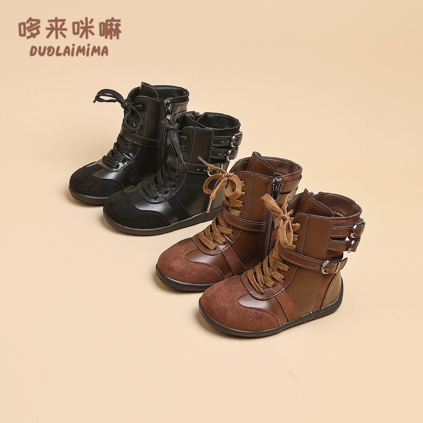 女童高帮休闲靴子2025秋冬季新款时装靴儿童复古百搭皮靴侧拉链款