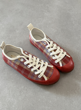 西班牙帆布鞋2026新女款红色格子轻便网红爆款小众潮鞋平底韩版鞋