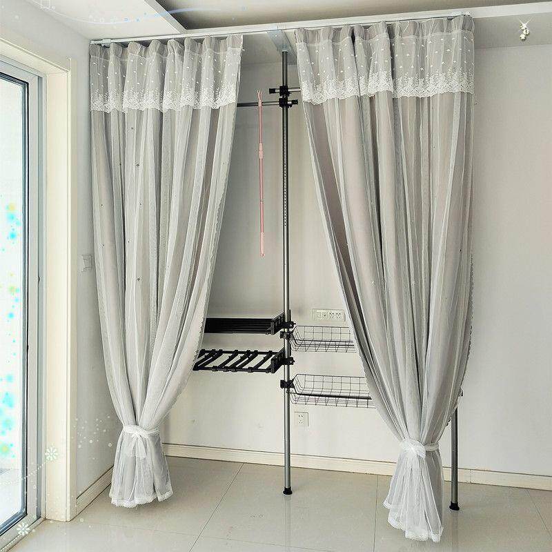 全轨加粗打孔简易衣柜卧室家居顶天立地室内38免晾衣架落地折叠铁