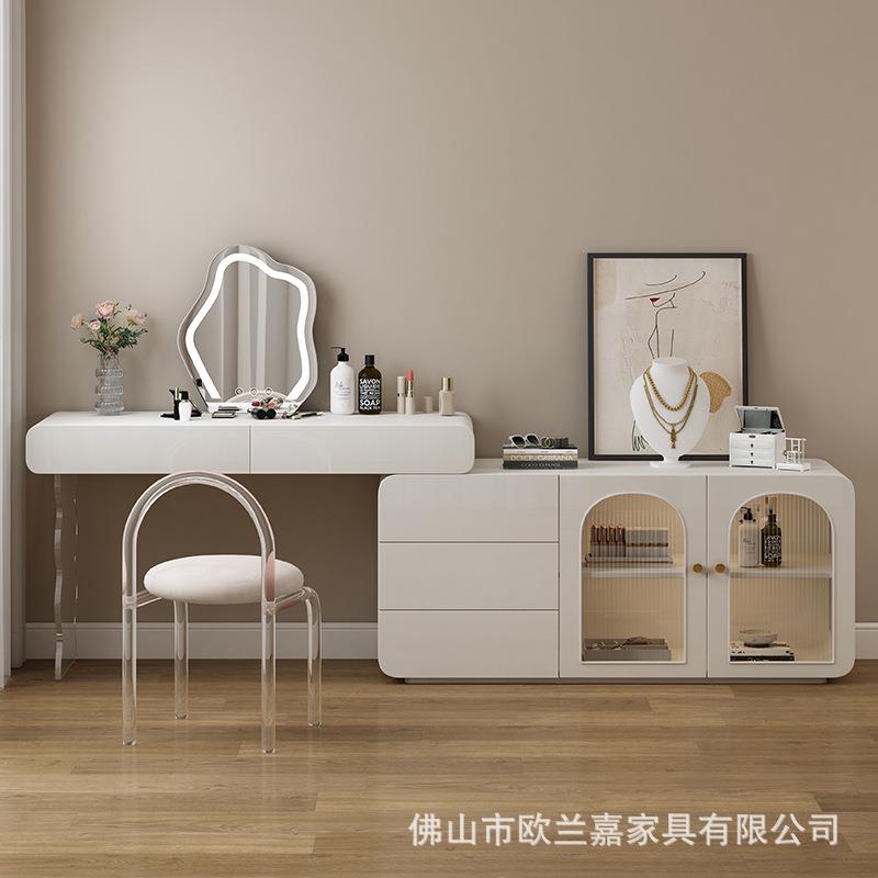 实木梳妆台收纳柜一体亚克力法式奶油风化妆台现代简约伸缩化妆桌