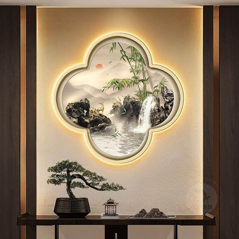 流水生财入户玄关装饰画新中式竹子走廊挂画梅花形窗茶室带灯壁画