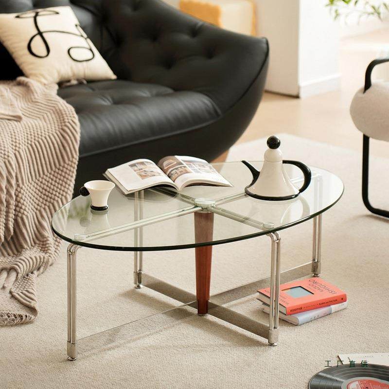 北欧复古玻璃茶几客厅家用轻奢创意不锈钢椭圆形实木桌子简约矮桌