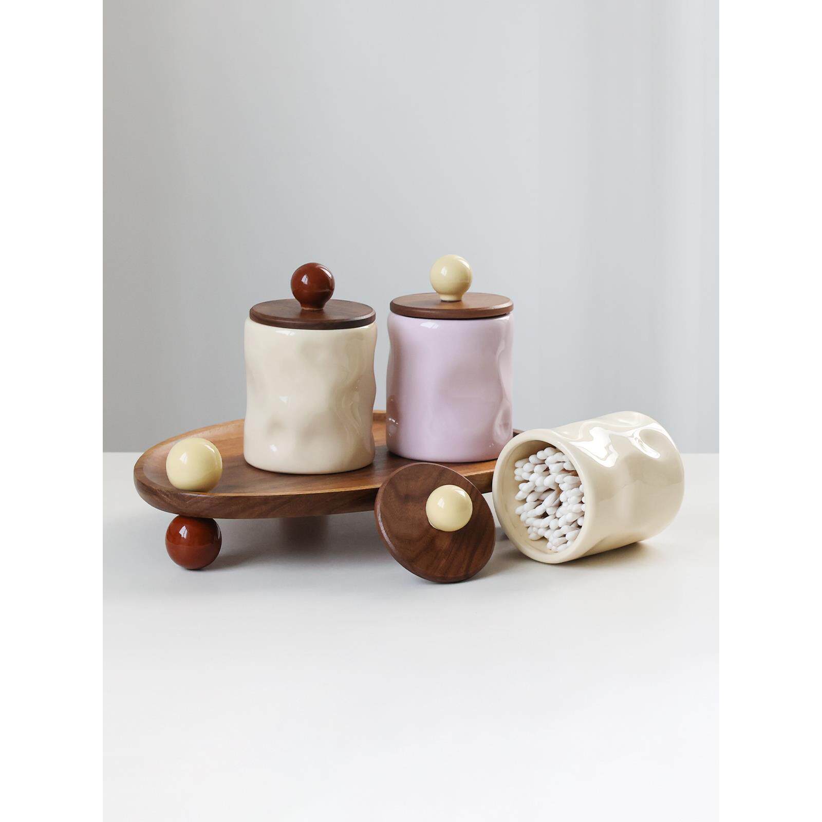 奶油中古风棉签收纳盒棉棒化妆棉胡桃木陶瓷罐牙线筒高颜值