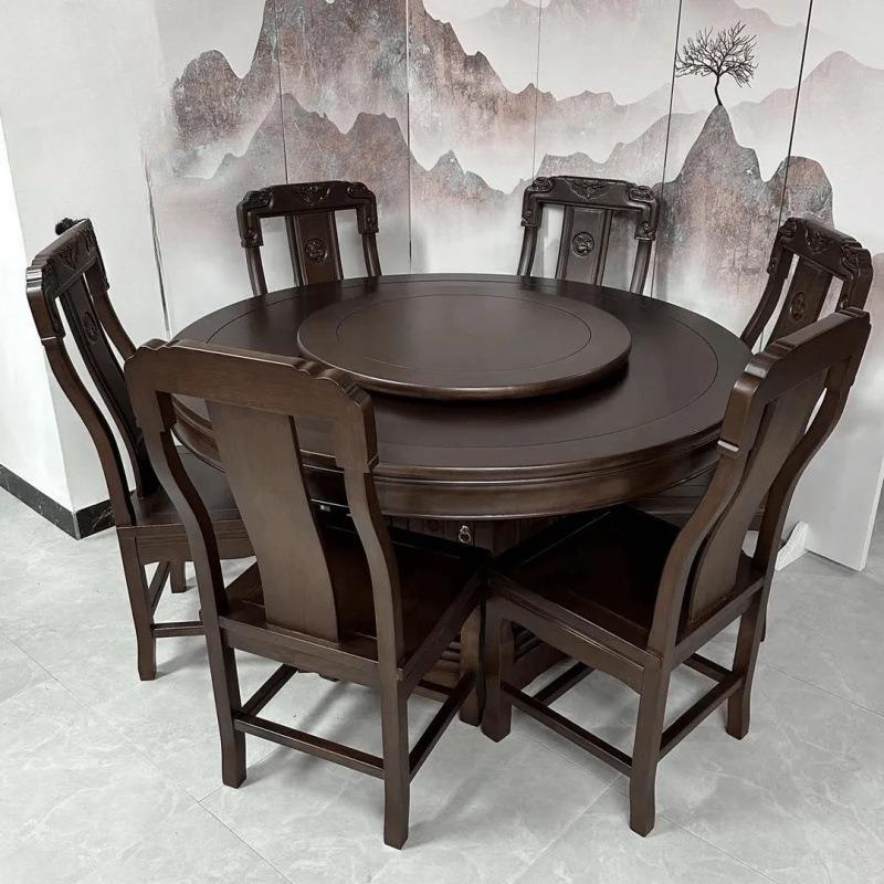 菠萝格实木餐桌椅圆形紫檀木大圆桌花梨木新中式实木餐桌家用