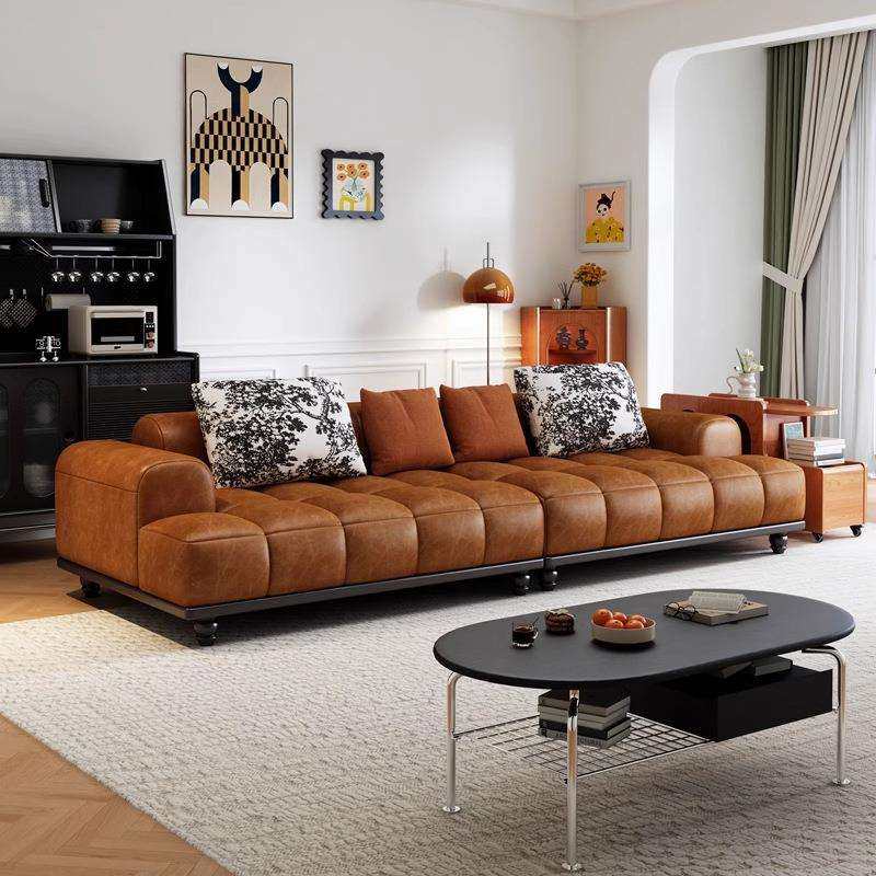 简约现代实木沙发小户型组合客厅中古风复古三人位直排真皮沙发